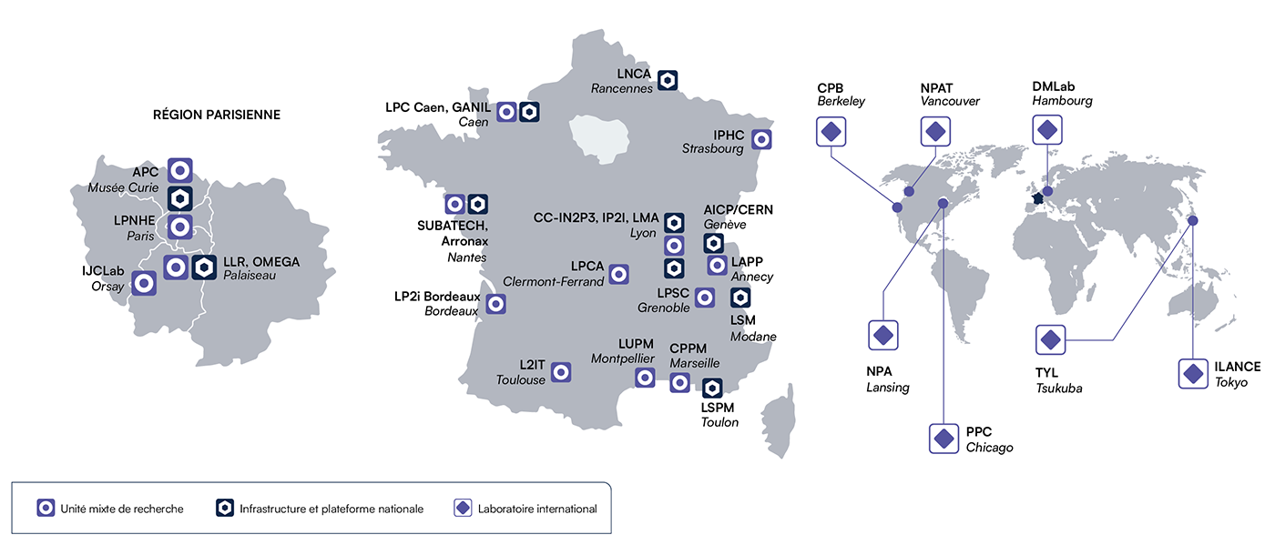 Carte des implantations nationales et internationales de CNRS Nucléaire & Particules