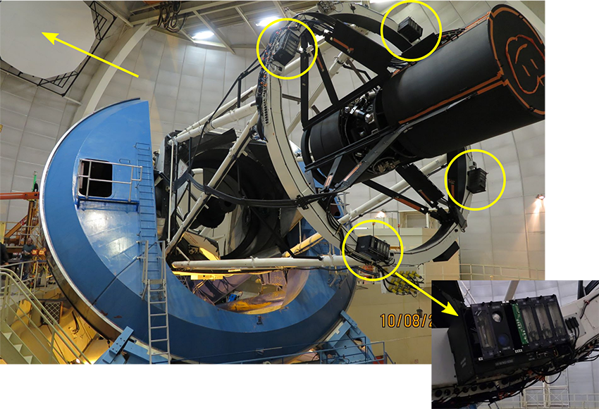 Le télescope Mayall avec le système d’étalonnage de DESI fourni par le LPNHE : les 4 boites de lampes de calibration installées sur l'anneau supérieur, et l'écran blanc lambertien fixé au dôme. Image Collaboration DESI